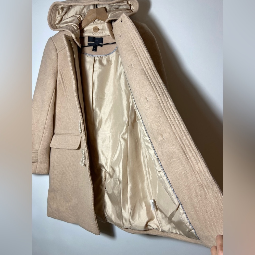 $350-J.Crew the 2007 Italian stadium-cloth wool toggle Hood coat BEIGE Sz 0P - Picture 5 of 9